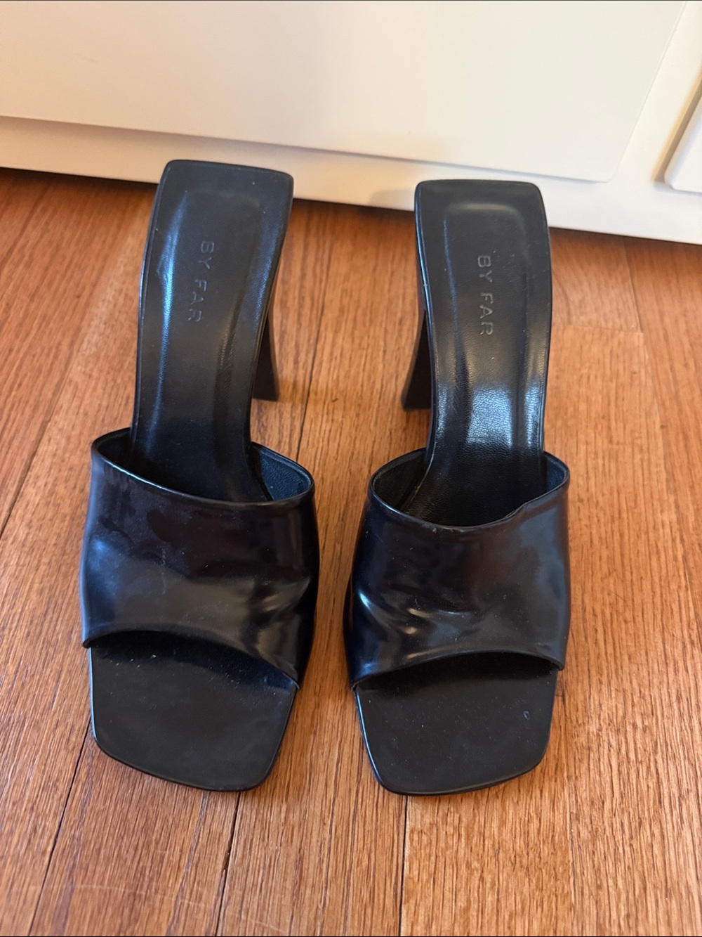 BY FAR Black Patent Slide Mules